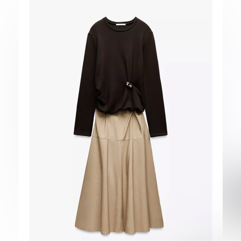 Zara Black and Tan Brooch Clasp Flared Skirt Dress. Mixed media. Size Medium - Picture 2 of 7